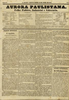 A Aurora paulistana [jornal], a. 1, n. 34. São Paulo-SP, 16 abr. 1852.