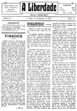A Liberdade [jornal], a. 2, n. 18. São Paulo-SP, 31 out. 1920.