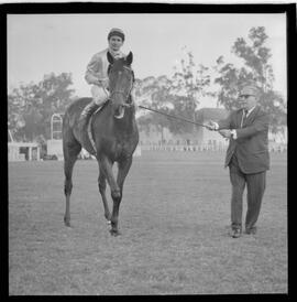 Fotografia "TURFE' TURFE HIPÓDRIMO DA GÁVEA (Carreiras), Reportagem de Senatore; Fontoura" ([Local n/d] , 1963) [negativo]. / Fotógrafo(a): Diniz Rodrigues.  -- ITEM-0007.