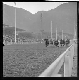 Fotografia "Turf. Hipódromo da Gávea; 'TURFE' Reportagem e Turf, no Hipódromo da Gávea (Carreiras e Daniel Fontoura, repórter de turfe de UH com turfistas), Reportagem de Wilson Nascimento" ([Local n/d] , 1963) [negativo]. / Fotógrafo(a): Diniz.  -- ITEM-0011.