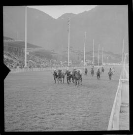 Fotografia "TURFE' TURFE HIPÓDRIMO DA GÁVEA (Carreiras), Reportagem de Senatore; Fontoura" ([Local n/d] , 1963) [negativo]. / Fotógrafo(a): Diniz Rodrigues.  -- ITEM-0008.