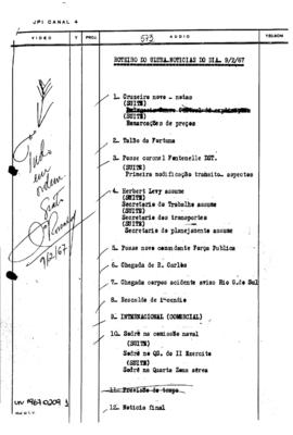 TV Tupi [emissora]. Ultra Notícias [programa]. Roteiro [televisivo], 09 fev. 1967.