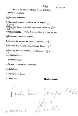 TV Tupi [emissora]. Ultra Notícias [programa]. Roteiro [televisivo], 04 ago. 1969.