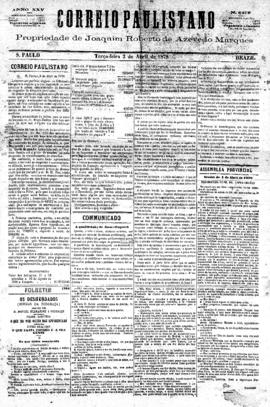 Correio paulistano [jornal], [s/n]. São Paulo-SP, 02 abr. 1878.