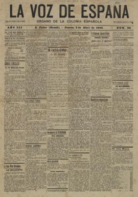 Voz de España, La. Diario Español [jornal], a. 3, n. 96. São Paulo-SP, 03 abr. 1902.