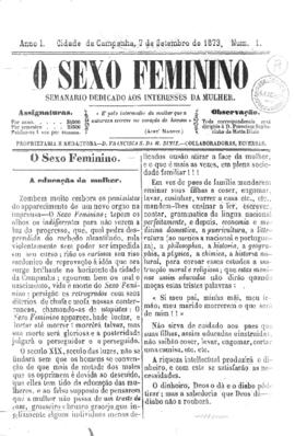O Sexo feminino [jornal], a. 1, n. 1. Campanha-MG, 07 set. 1873.
