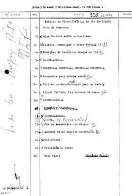 TV Tupi [emissora]. Ultra Notícias [programa]. Roteiro [televisivo], 30 jul. 1969.