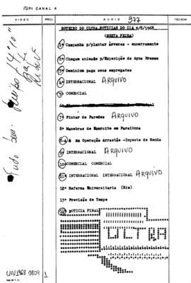 TV Tupi [emissora]. Ultra Notícias [programa]. Roteiro [televisivo], 09 ago. 1968.