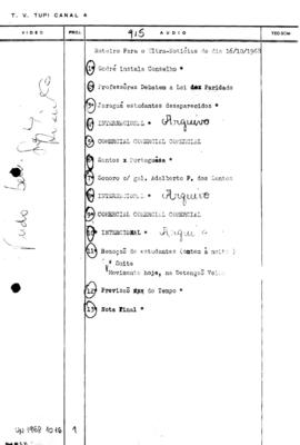 TV Tupi [emissora]. Ultra Notícias [programa]. Roteiro [televisivo], 16 out. 1968.