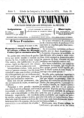 O Sexo feminino [jornal], a. 1, n. 38. Campanha-MG, 08 jul. 1874.