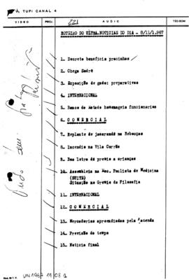 TV Tupi [emissora]. Ultra Notícias [programa]. Roteiro [televisivo], 08 nov. 1967.