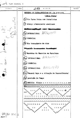 TV Tupi [emissora]. Ultra Notícias [programa]. Roteiro [televisivo], 06 ago. 1968.
