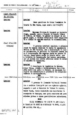 TV Tupi [emissora]. Diário de São Paulo na T.V. [programa]. Roteiro [televisivo], 09 set. 1972.
