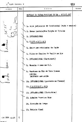 TV Tupi [emissora]. Ultra Notícias [programa]. Roteiro [televisivo], 04 dez. 1967.