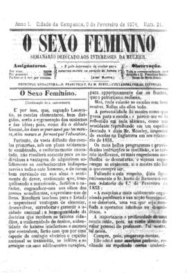 O Sexo feminino [jornal], a. 1, n. 21. Campanha-MG, 08 fev. 1874.