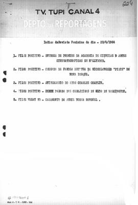 TV Tupi [emissora]. Revista Feminina [programa]. Roteiro [televisivo], 20 abr. 1964.