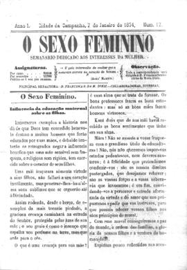 O Sexo feminino [jornal], a. 1, n. 17. Campanha-MG, 07 jan. 1874.