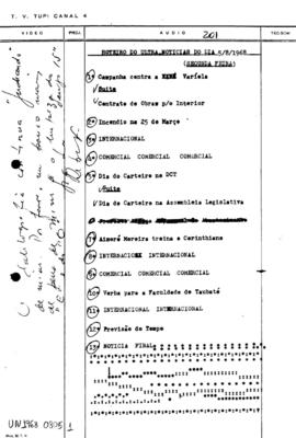 TV Tupi [emissora]. Ultra Notícias [programa]. Roteiro [televisivo], 05 ago. 1968.
