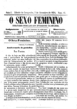 O Sexo feminino [jornal], a. 1, n. 45. Campanha-MG, 07 set. 1874.