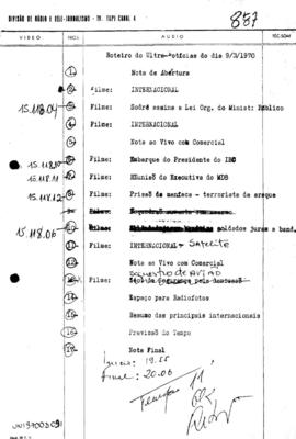 TV Tupi [emissora]. Ultra Notícias [programa]. Roteiro [televisivo], 09 mar. 1970.