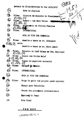 TV Tupi [emissora]. Ultra Notícias [programa]. Roteiro [televisivo], 12 mai. 1970.