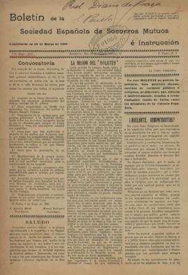 Boletin de la Sociedad Española de Socorros Mutuos é Instrucción [jornal], n. 1. São Paulo-SP, 01...