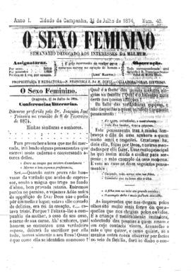 O Sexo feminino [jornal], a. 1, n. 40. Campanha-MG, 31 jul. 1874.