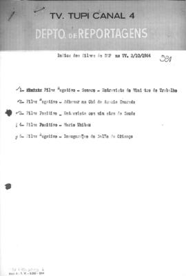 TV Tupi [emissora]. Diário de São Paulo na T.V. [programa]. Roteiro [televisivo], 03 out. 1964.