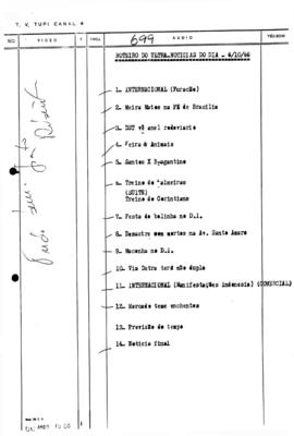 TV Tupi [emissora]. Ultra Notícias [programa]. Roteiro [televisivo], 06 out. 1966.