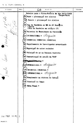 TV Tupi [emissora]. Ultra Notícias [programa]. Roteiro [televisivo], 19 nov. 1968.