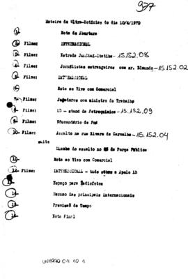 TV Tupi [emissora]. Ultra Notícias [programa]. Roteiro [televisivo], 10 abr. 1970.