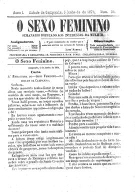 O Sexo feminino [jornal], a. 1, n. 34. Campanha-MG, 06 jun. 1874.