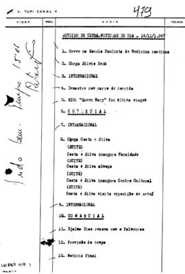 TV Tupi [emissora]. Ultra Notícias [programa]. Roteiro [televisivo], 14 nov. 1967.