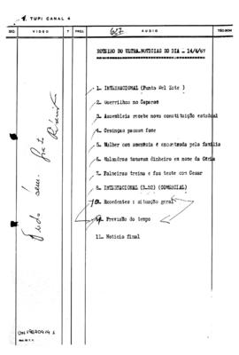 TV Tupi [emissora]. Ultra Notícias [programa]. Roteiro [televisivo], 14 abr. 1967.