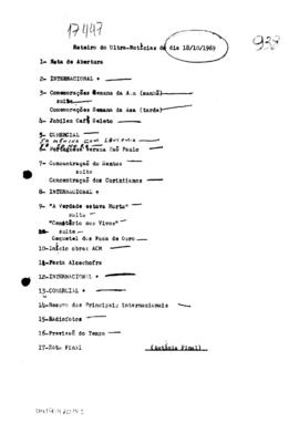 TV Tupi [emissora]. Ultra Notícias [programa]. Roteiro [televisivo], 18 out. 1969.
