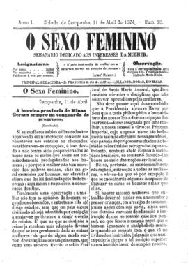 O Sexo feminino [jornal], a. 1, n. 28. Campanha-MG, 11 abr. 1874.