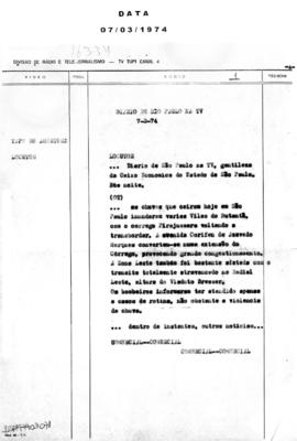 TV Tupi [emissora]. Diário de São Paulo na T.V. [programa]. Roteiro [televisivo], 07 mar. 1974.