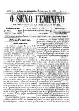 O Sexo feminino [jornal], a. 1, n. 41. Campanha-MG, 08 ago. 1874.