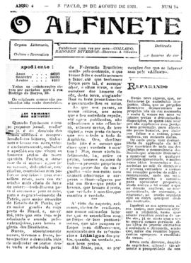 O Alfinete [jornal], a. 4, n. 74. São Paulo-SP, 28 ago. 1921.