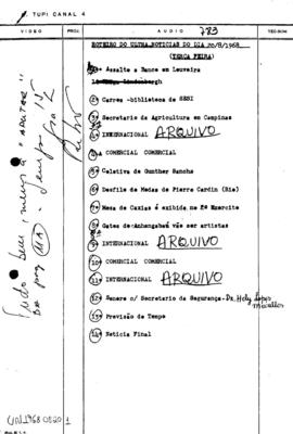 TV Tupi [emissora]. Ultra Notícias [programa]. Roteiro [televisivo], 20 ago. 1968.
