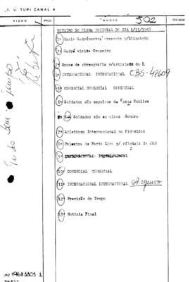 TV Tupi [emissora]. Ultra Notícias [programa]. Roteiro [televisivo], 01 nov. 1968.