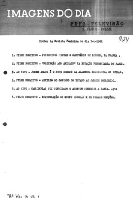 TV Tupi [emissora]. Revista Feminina [programa]. Roteiro [televisivo], 07 abr. 1961.