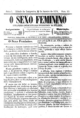 O Sexo feminino [jornal], a. 1, n. 20. Campanha-MG, 28 jan. 1874.
