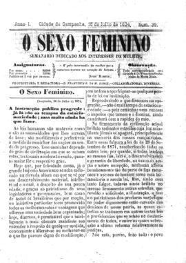 O Sexo feminino [jornal], a. 1, n. 39. Campanha-MG, 18 jul. 1874.
