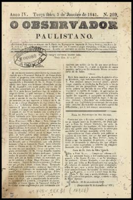 O Observador paulistano [jornal], a. 4, n. 299. São Paulo-SP, 05 jan. 1841.