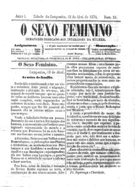 O Sexo feminino [jornal], a. 1, n. 29. Campanha-MG, 18 abr. 1874.