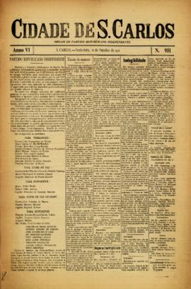 Cidade de S. Carlos [jornal], a. 6, n. 951. São Carlos do Pinhal-SP, 21 out. 1910.
