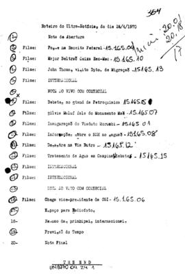 TV Tupi [emissora]. Ultra Notícias [programa]. Roteiro [televisivo], 24 abr. 1970.