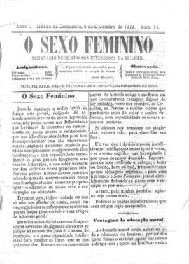 O Sexo feminino [jornal], a. 1, n. 14. Campanha-MG, 06 dez. 1873.