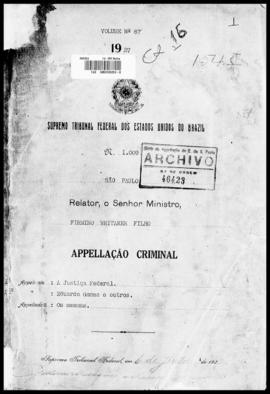 Processo... [apelação criminal], nª 1009/1927. [São Paulo-SP?], 1927. v. 67